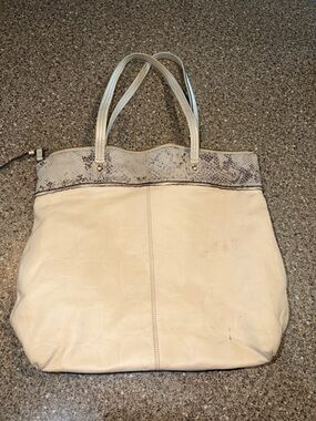Coach Cream Leather Tote with Snake-Print Trim